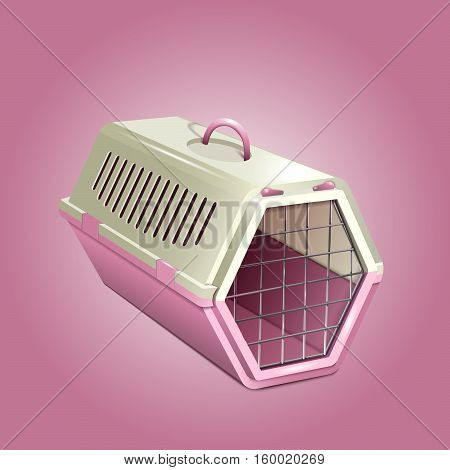 Cat carrier. Pink and beige cat cage. Empty pet kennel on pink background. Vector EPS10 realistic illustration of pet supply.