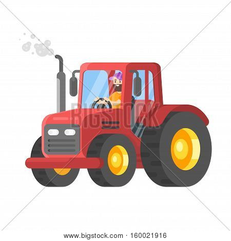 Vector flat style illustration of tractor-driver.  Isolated on white background.