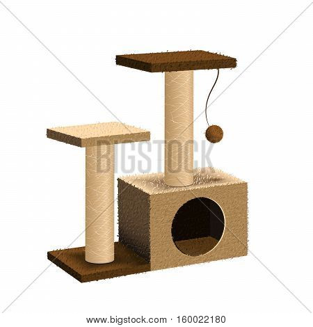 Cat tree with cat house and scratching post. Isolated pet supply. Realistic illustration of cat furniture on white background. Vector EPS10.