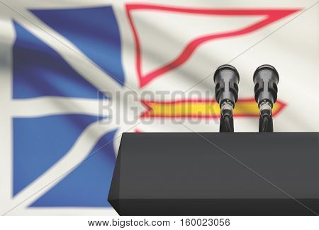 Pulpit And Two Microphones With Canadian Province Flag On Background - Newfoundland And Labrador