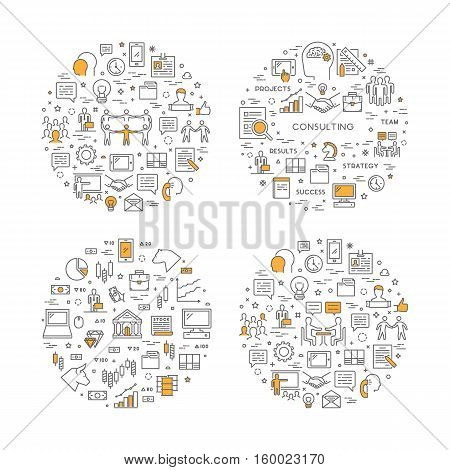 Vector line concept customer service and stock market. Linear modern banner teamwork and consulting. Open path.