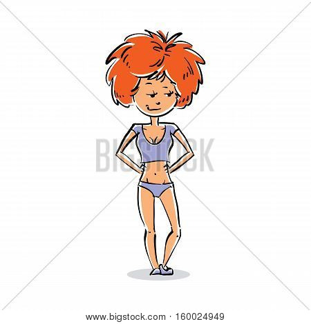 Cartoon Illustration Of Caucasian Type Woman, Attractive Red-haired Doubtful Lady With Stylish Hairc