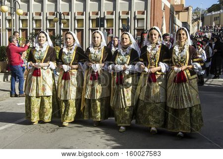 CAGLIARI, ITALY - May 1, 2016: 360 Feast of Saint Efisio - Sardinia - group of women who parade with a traditional Sardinian costumes
