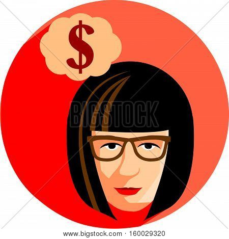 Fashionable woman with glasses is dreaming about the money. Flat Style. The girl brunette on a red background