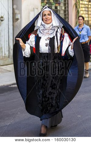 SELARGIUS, ITALY - September 11.2016: Ancient marriage Selargino - Sardinia - portrait of a beautiful woman in traditional Sardinian costume