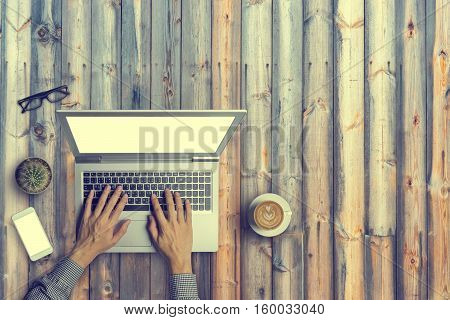 Top View Of Business People Working With Using Digital Laptop Computor, A Cup Of Latte Coffee, Glass