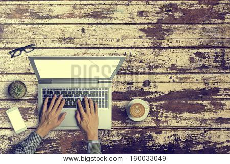 Top View Of Business People Working With Using Digital Laptop Computor, A Cup Of Latte Coffee, Glass