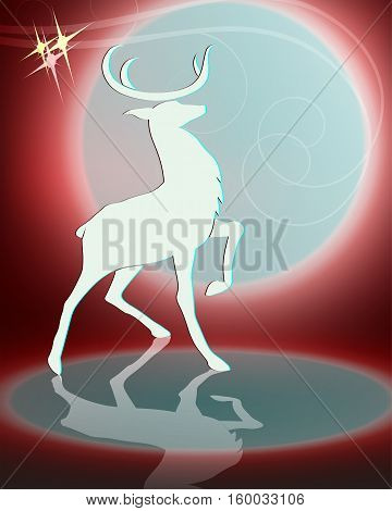 illustration of a silhouette of a magnificent deer standing with raised paw against the bright moon