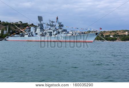 Sevastopol, Russia - June 09, 2016: Kerch 753 was a Kara-class missile cruiser of the Soviet and later Russian Navy.
