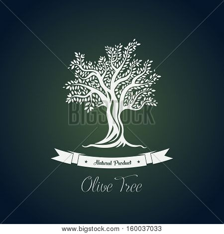 Fruit food plant or olive oil tree logo with branches. Vegetarian grove or ancient greece tree for production of olive oil. Good usage for bottle sticker or nature tree theme, olive cultivation banner