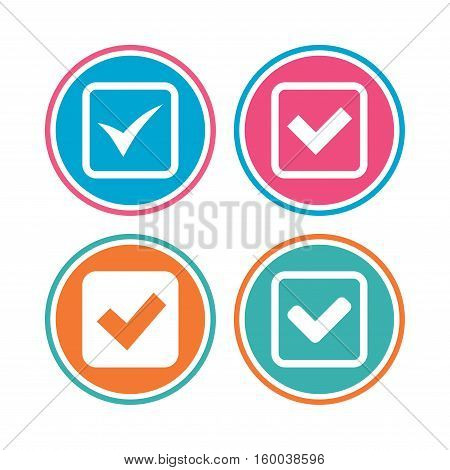 Check icons. Checkbox confirm squares sign symbols. Colored circle buttons. Vector