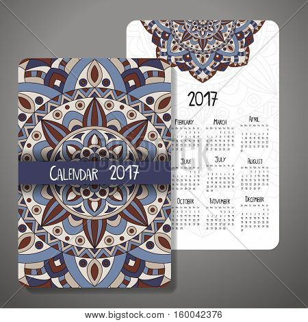 Vector calendar 2017 with decoraive elements. Vector mandala design. Template can be used for web and print design.