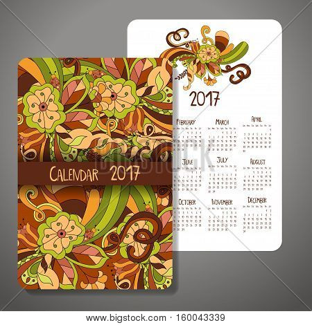 Vector calendar 2017 with decoraive elements. Vector doodle design. Template can be used for web and print design.