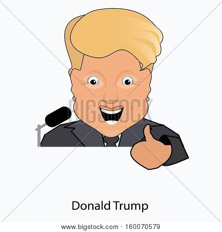 the president a smile the paletsvverkh the victory elections of 2016 gives to donald trump an interview behind a tribune. On the white separated background. Vector illustration.