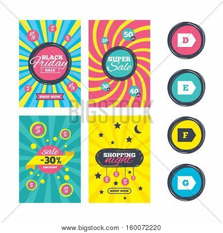 Sale website banner templates. Energy efficiency class icons. Energy consumption sign symbols. Class D, E, F and G. Ads promotional material. Vector