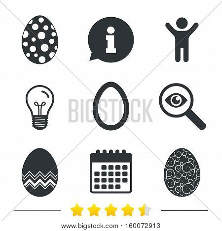 Easter eggs icons. Circles and floral patterns symbols. Tradition Pasch signs. Information, light bulb and calendar icons. Investigate magnifier. Vector