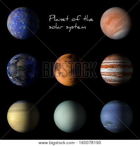 Set Of Solar System Planets On Black Background 3D Rendering.