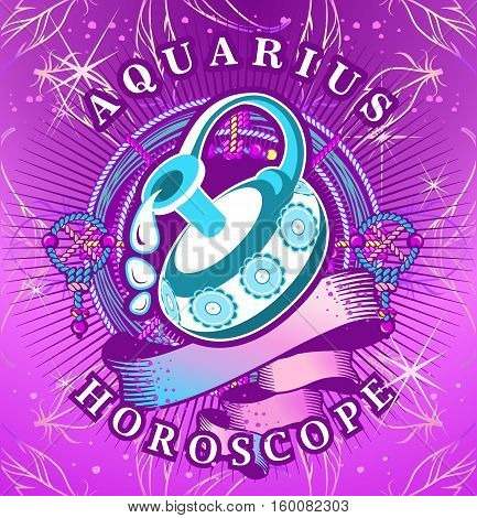 Vector illustration of magic horoscope sign Aquarius style of the 60s bright hippie art