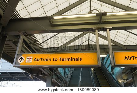 NEWARK USA - APRIL 26 2016: Escalator to the terminals at newark liberty international airport station. Newark is the sixth busiest airport in the United States