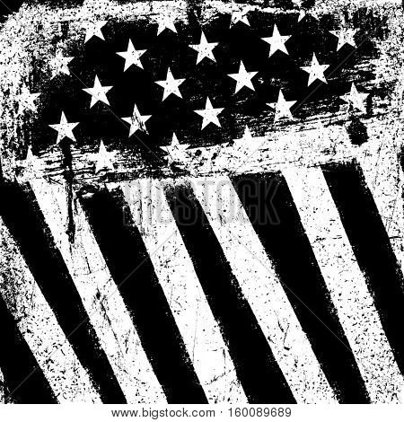 American Flag Background. Grunge Aged Template. Monochrome gamut. Black and white. Grunge layers can be easy editable or removed.