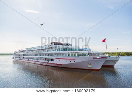 Passenger river ships are on the Svir River. Karelia, Russia.