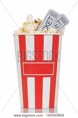 Large striped popcorn box and gray movie ticket isolated on white background