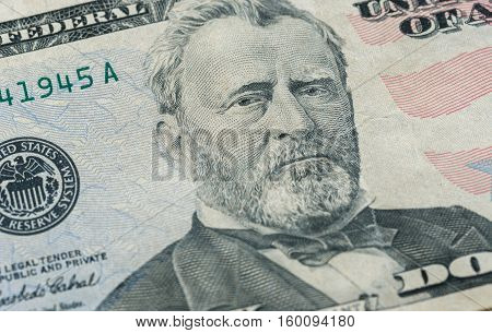 Ulysses S. Grant face on US fifty or 50 dollars bill macro united states money closeup