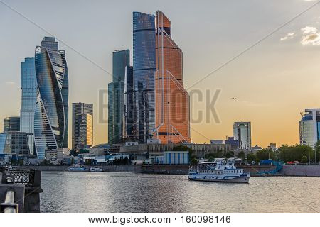 View on the building Moscow City at sunset background