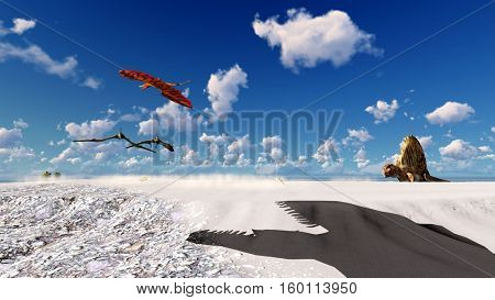 Flying pterodactyl over the land 3d illustration