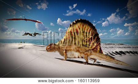Flying pterodactyl over the land 3d illustration