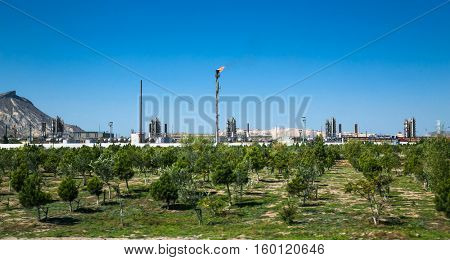 BAKU, AZERBEIJAN-OCT 5, 2016: Bureau of gas in Industrial zone. The equipment of gas refining near Baku, Azerbeijan.