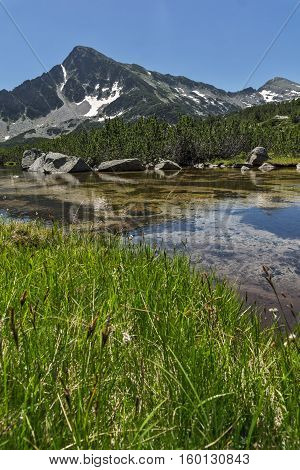 Reflection of Sivrya peak and Banski lakes, Pirin Mountain, Bulgaria