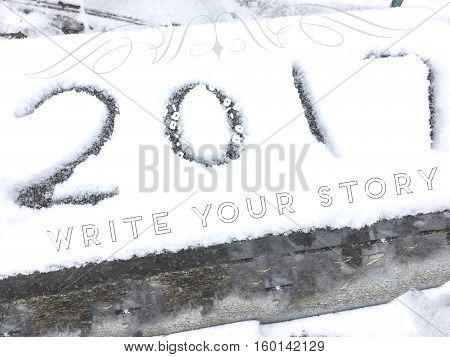Inspiring Happy New Year resolution greeting card 2017 vintage lettering in holiday season snow with words 