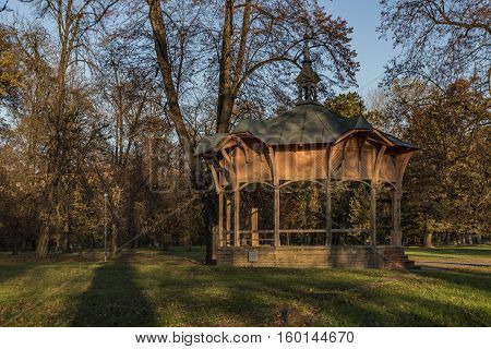 Gazebo In Park On Island In Litomerice Town In Autumn Time
