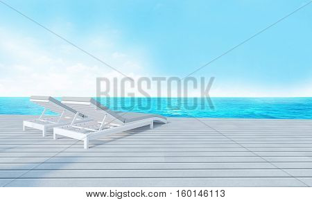 Beach Lounge With Sundeck On Sea View And Blue Sky Background-3D Rendering