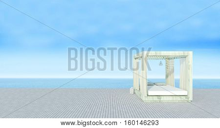 Beach Lounge With Sundeck On Sea View And Blue Sky Background-3D Rendering