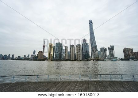 scenic point at Shanghai World Financial Tower and Oriental Pearl Tower from opposite side of river taken in Shanghai on 16 November 2016