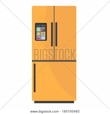 Modern smart fridge with display on isolated background. Home appliances refrigerator fridge freezer vector illustration.