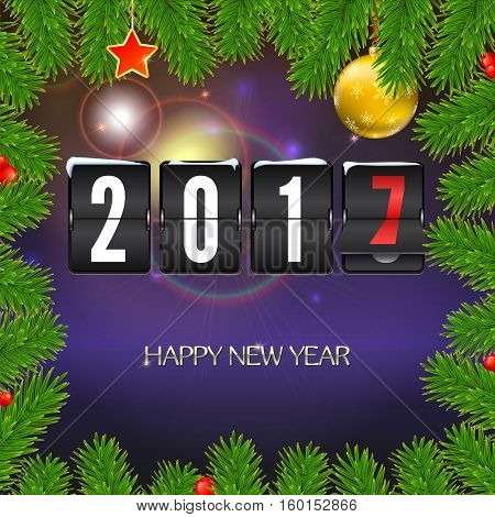 Christmas card with coming 2017 year. Golden Christmas balls, red star with green fir branches and scoreboard, inscription Happy New Year. Vector illustration, template for greeting cards