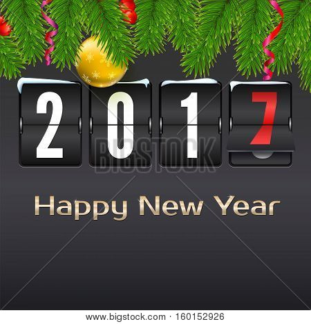 Christmas card with coming 2017 year. Golden Christmas balls, red star with green fir branches and scoreboard, inscription Happy New Year. Vector illustration, template for greeting cards