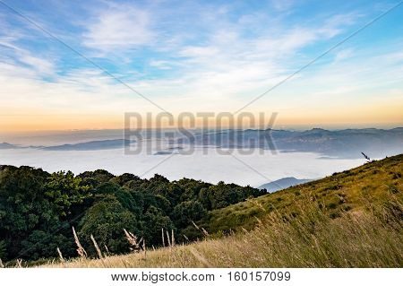 Sea Of Mist Or Cloud Under Blue Sky, A View From Intanon Mountain, Chiang Mai,thailand