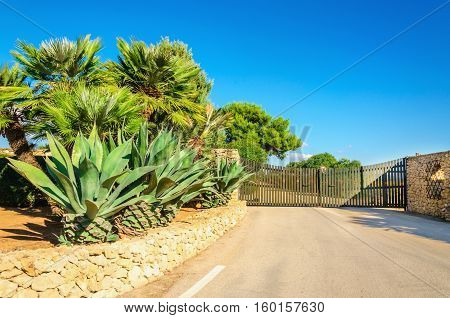 The gate to the garden with beautiful exotic plants, Sardinia, Italy