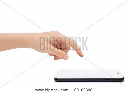 close-up hand touching on smart phone on white background