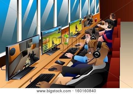 A vector illustration of Young People Playing Games on an Internet Cafe