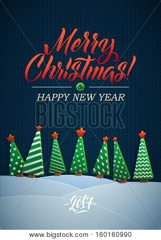 Christmas Greeting Card. Merry Christmas lettering, vector illustration. Volume toys, Christmas trees and snowdrifts. Christmas decorations, greeting illustration.