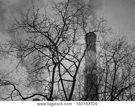 Chimney and pollution against the sky and trees in the foreground filtered horizontal shot in black and white