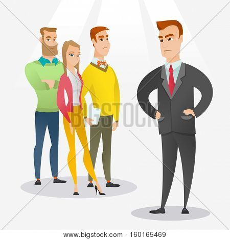 Angry caucasian business man shouting at his employees. Aggressive business man firing his employees. Annoyed business man yelling at his employees. Vector flat design illustration. Square layout.