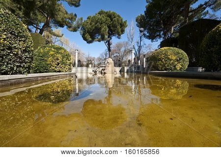 Small pond in Cecilio Rodriguez Gardens, Retiro Park, Madrid Spain