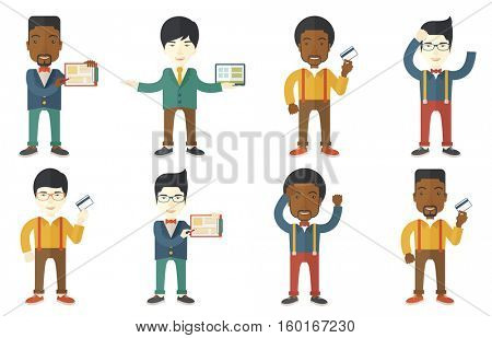 Businessman using clipboard for business presentation. Cheerful businessman giving a business presentation. Business presentation concept. Set of vector illustrations isolated on white background.