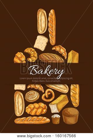 Bakery symbol. Baker shop poster in shape of cutting board with sketch bread icons. Wheat and rye bread loaf, bagel, croissant, pretzel, sweet bun, cinnamon roll, muffin, dessert pie